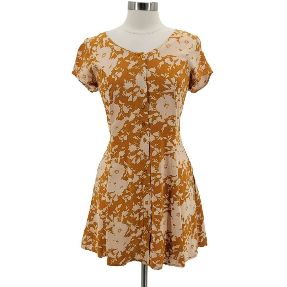 B.O.G. Collective Band of Gypsies Floral Mustard Yellow Dress Womens Large